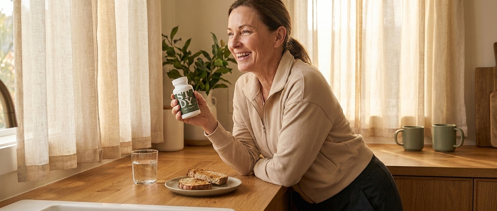A woman in her fifties laughing in her sunlit kitchen, holding a bottle of Daily Support