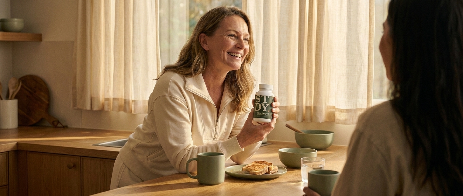 A member holding Daily Support, laughing with a friend over coffee