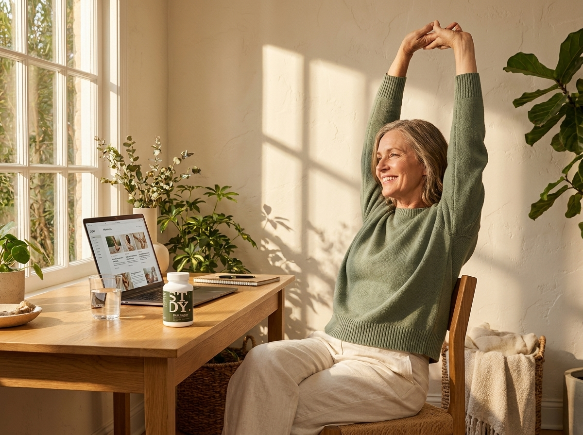 A woman stretching at her desk in warm afternoon light, Daily Support nearby
