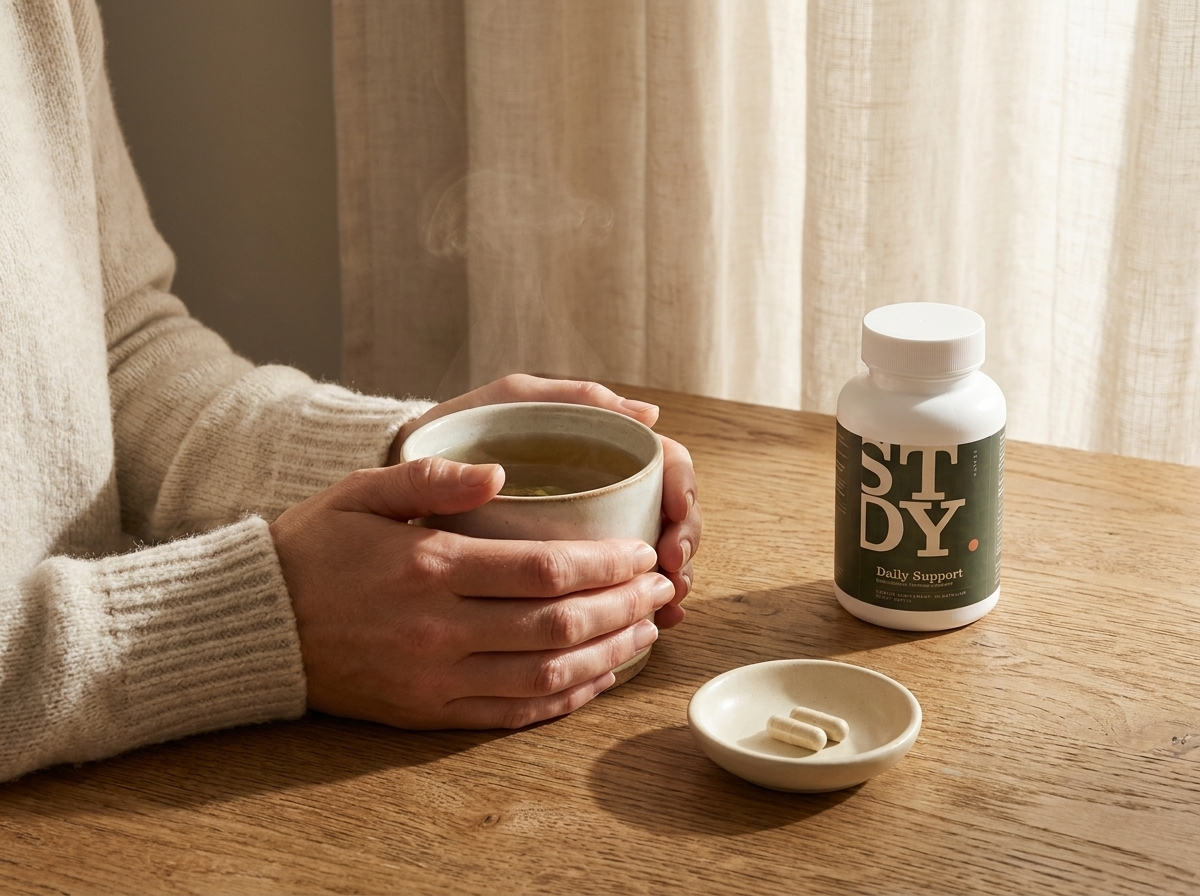 Hands cradling a warm mug beside a dish of capsules and Daily Support