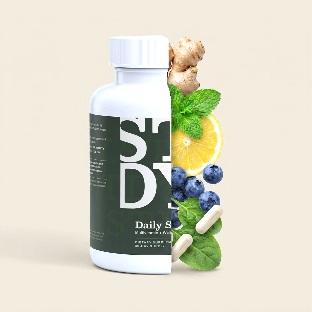 Daily Support bottle cutaway revealing ginger, peppermint, lemon, blueberries, spinach, and capsules