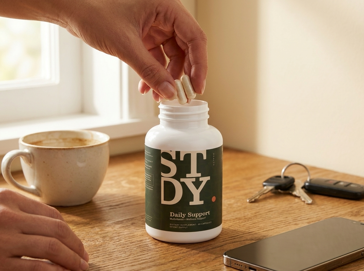 A hand taking two capsules from Daily Support over a busy breakfast counter