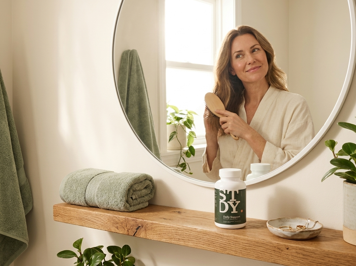 A woman brushing her hair at a bright mirror, Daily Support on the vanity