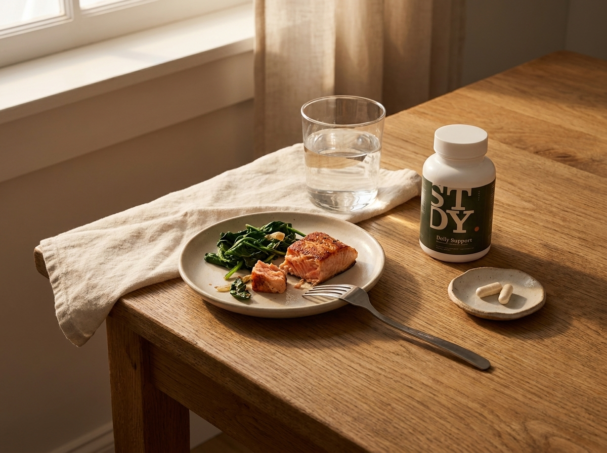 A small dinner plate with Daily Support and two capsules beside it